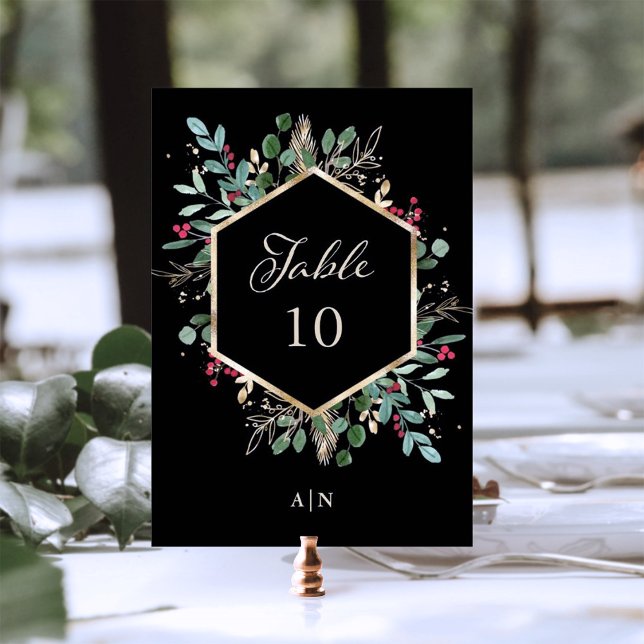 Gilded Greenery on Black | Christmas Wedding Table Number (An elegant, dark black Christmas wedding table number card)