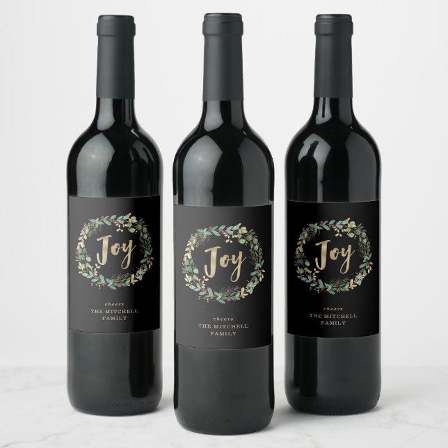 Gilded Greenery on Black | Joy Wine Label (Bottles)