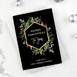 Gilded Greenery on Black | Merry Christmas Holiday Card<br><div class="desc">These gorgeous non-photo holiday cards feature a faux gold geometric frame with matching gold leaves,  elegant Christmas greenery,  and red holly berries on a dark black background with no photo. Trendy matching gold typography says "Merry Christmas to you." There is room for a personal message on the back.</div>