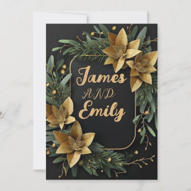 Gilded Greenery on Black | Wedding invitation (Front)