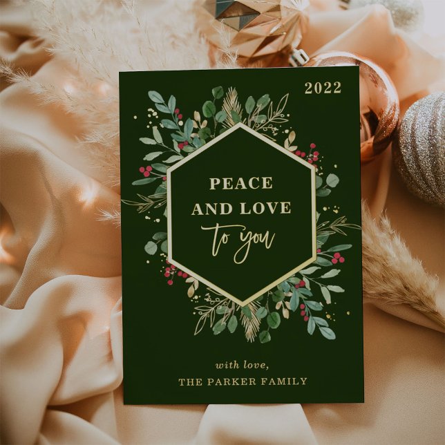 Gilded Greenery on Dark Green | Peace and Love Foil Holiday Card (Creator Uploaded)