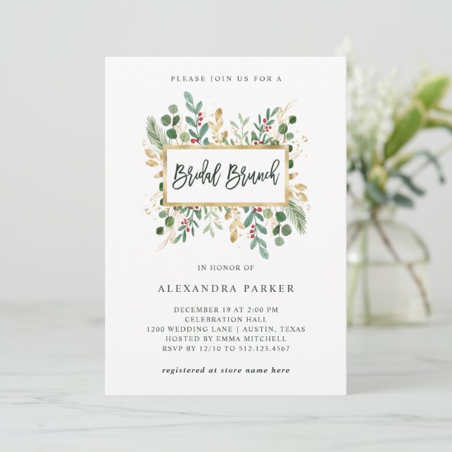 Gilded Greenery on White | Christmas Bridal Brunch Invitation (Standing Front)
