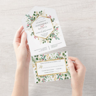 Gilded Greenery on White   Christmas Wedding All In One Invitation