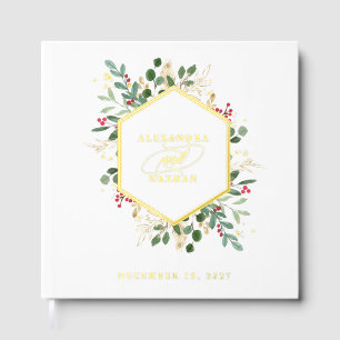 Gilded Greenery on White   Christmas Wedding Gold Guest Book
