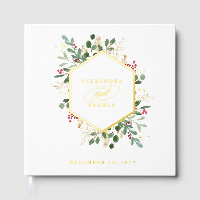 Gilded Greenery on White | Christmas Wedding Gold Guest Book (Front)