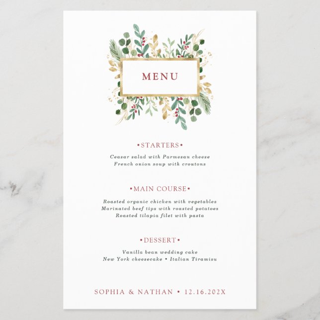 Gilded Greenery on White | Christmas Wedding Menu (Front)