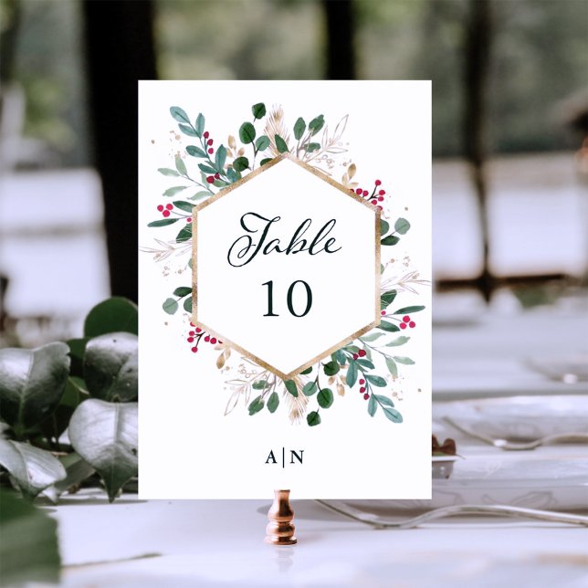 Gilded Greenery on White | Christmas Wedding Table Number (A modern and elegant holiday wedding table card with stunning faux gold accents)