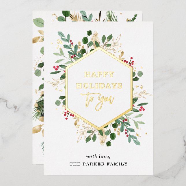 Gilded Greenery on White | Happy Holidays Gold Foil Holiday Card (Front/Back)