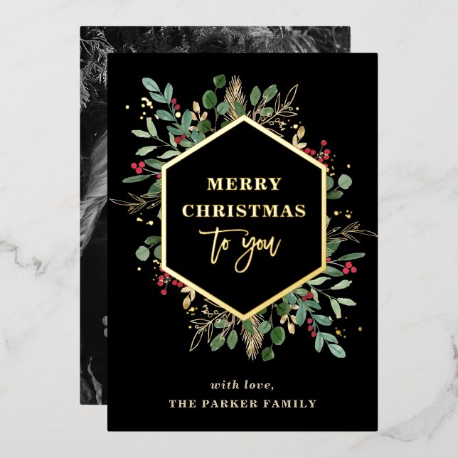 Gilded Greenery Photo Back | Merry Christmas Gold Foil Holiday Card (Front/Back)
