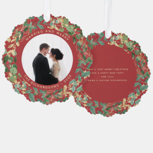 Gilded Greenery Red Married and Merry Photo Tree Decoration Card