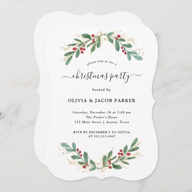 Gilded Greenery White | Christmas or Holiday Party Invitation (Front/Back)