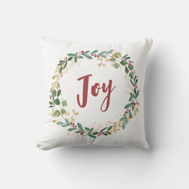Gilded Greenery White | Gold Christmas Joy Cushion (Front)