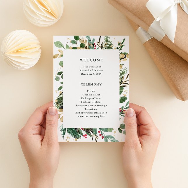 Gilded Greenery White | Holiday Wedding Program (An elegant program for your Christmas holiday wedding, in white with gold accents)