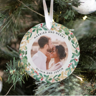 Gilded Greenery White Married and Merry Two Photo Ornament