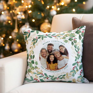 Gilded Greenery White   Merry Christmas with Photo Cushion