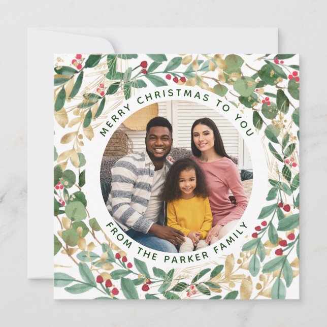 Gilded Greenery White | Wreath and Photo Christmas Holiday Card (Front)
