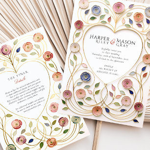 Gilded Heart Frame Floral Enamel Wedding Invitation