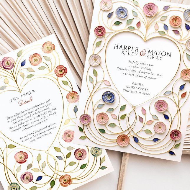 Gilded Heart Frame Floral Enamel Wedding Invitation (Creator Uploaded)