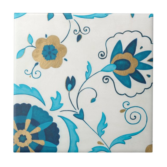 Gilded Indigo Flowers with White Background Ceramic Tile (Front)