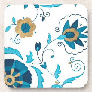 Gilded Indigo Flowers with White Background Coaster