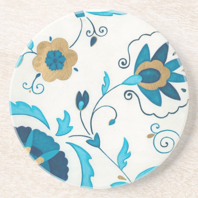 Gilded Indigo Flowers with White Background Coaster (Front)
