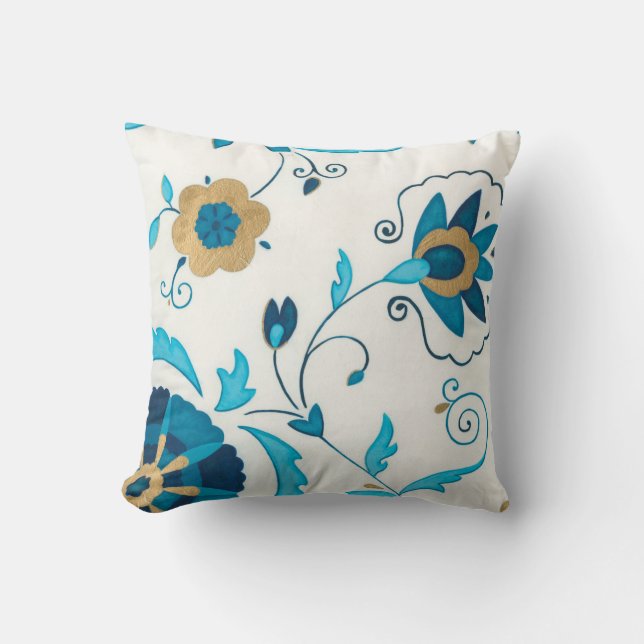 Gilded Indigo Flowers with White Background Cushion (Front)