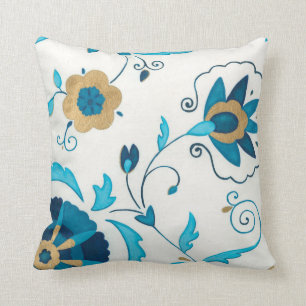 Gilded Indigo Flowers with White Background Cushion
