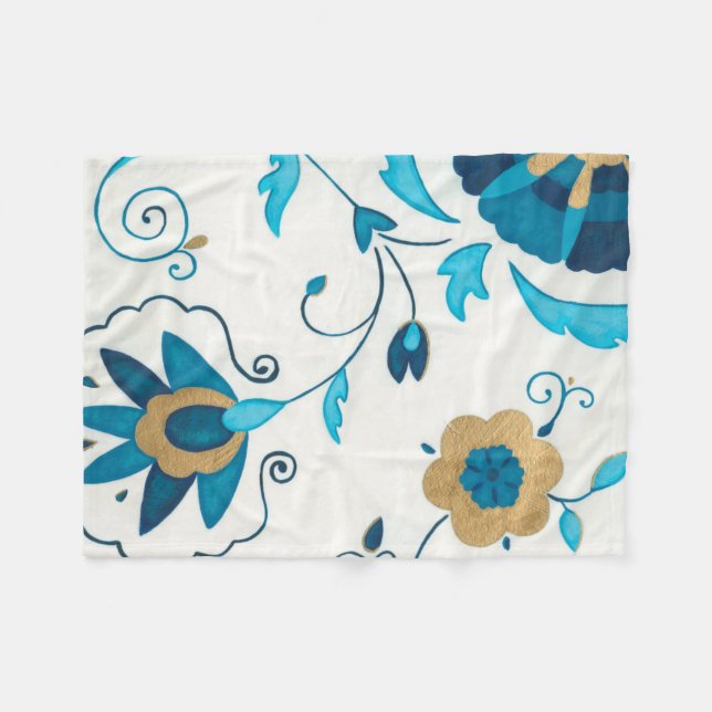 Gilded Indigo Flowers with White Background Fleece Blanket (Front (Horizontal))