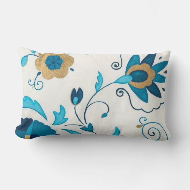 Gilded Indigo Flowers with White Background Lumbar Cushion (Front)