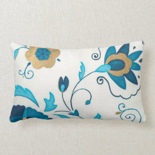 Gilded Indigo Flowers with White Background Lumbar Cushion