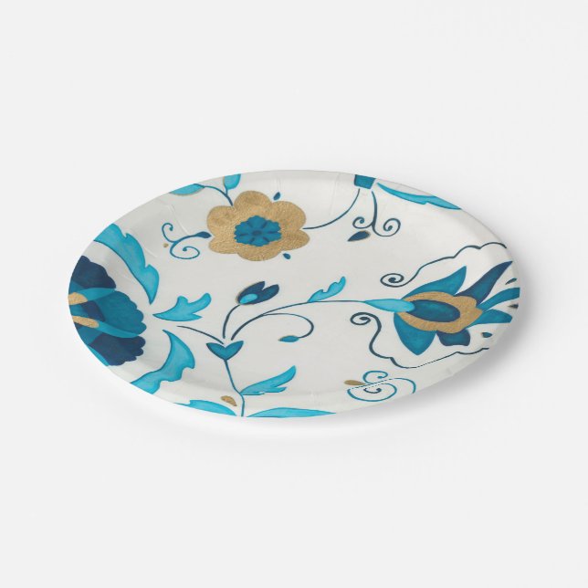 Gilded Indigo Flowers with White Background Paper Plate (Angled)