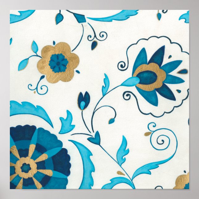 Gilded Indigo Flowers with White Background Poster (Front)