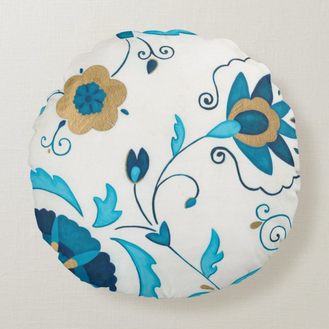 Gilded Indigo Flowers with White Background Round Cushion (Front)