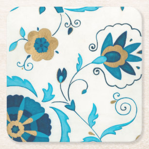 Gilded Indigo Flowers with White Background Square Paper Coaster