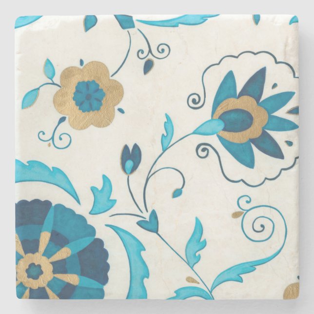 Gilded Indigo Flowers with White Background Stone Coaster (Front)