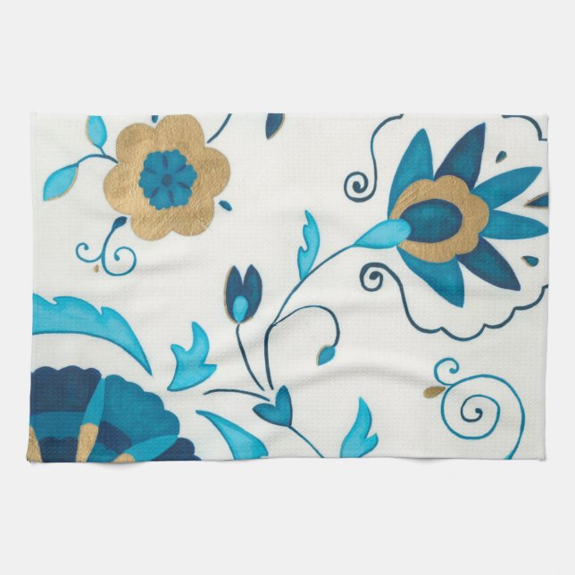 Gilded Indigo Flowers with White Background Tea Towel (Horizontal)