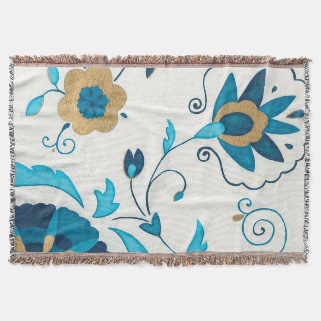 Gilded Indigo Flowers with White Background Throw Blanket (Front)
