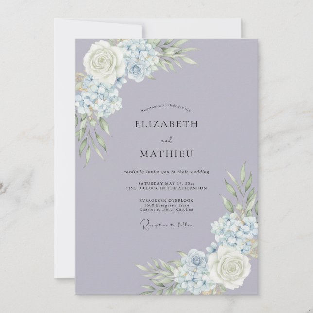Gilded Lilac Hydrangea Eucalyptus Wedding Invitation (Front)
