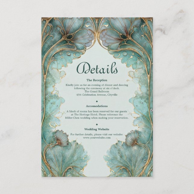 Gilded Lilypad Art Nouveau Teal and Gold Wedding Enclosure Card (Front)