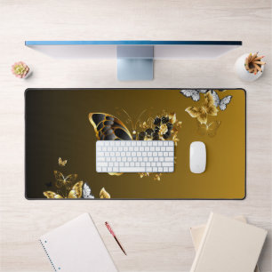 Gilded Metamorphosis – Elegant Floral Butterfly Desk Mat
