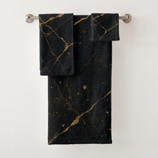 Gilded Midnight Marble Black & Gold  Bath Towel Set (Insitu)