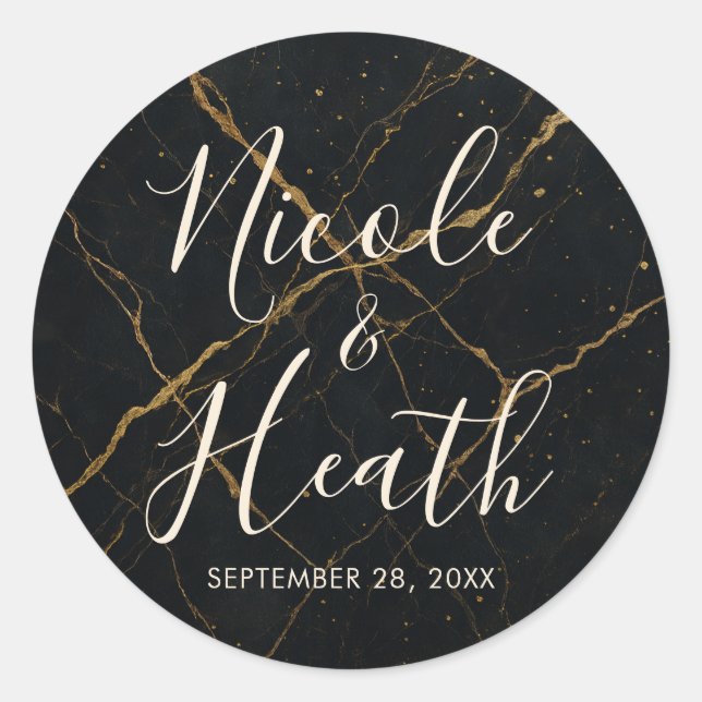 Gilded Midnight Marble Black & Gold Wedding  Classic Round Sticker (Front)