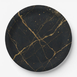 Gilded Midnight Marble Black & Gold Wedding Paper Plate