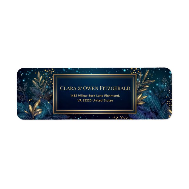 Gilded Midnight Navy Botanical Return Address Label (Front)