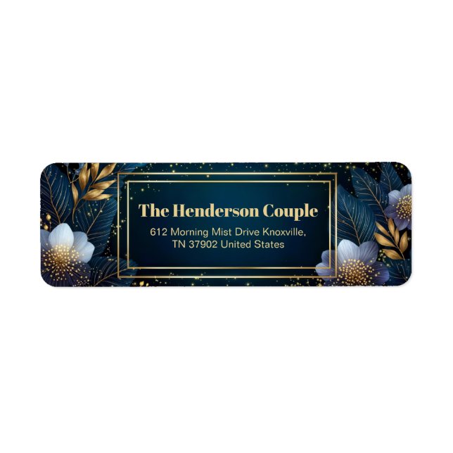 Gilded Midnight Navy Starry Botanical Address Return Address Label (Front)