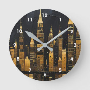 Gilded Midnight Skyline Round Clock