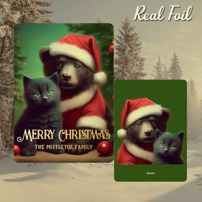 Gilded Midwinter Tale | Foil Bear & Kitten Holiday Card (Vintage style Santa hat bear & kitten dressed as Father Christmas with Black Cat Holiday Family Card)