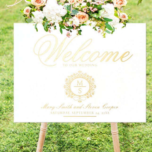 Gilded Monogram Wedding Welcome Sign (I wish you happiness!)