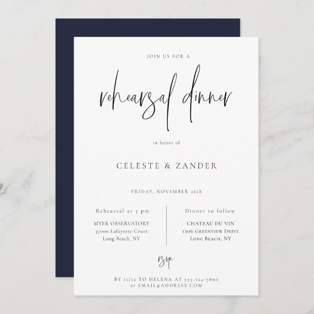 Gilded Moon Modern Script Rehearsal Dinner Announcement (Front/Back)