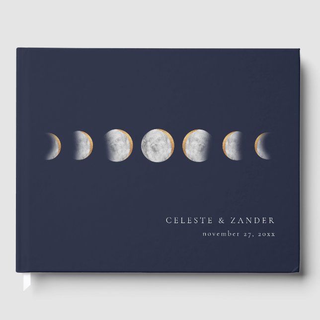 Gilded Moon Phases Modern Wedding Guest Book (Front)